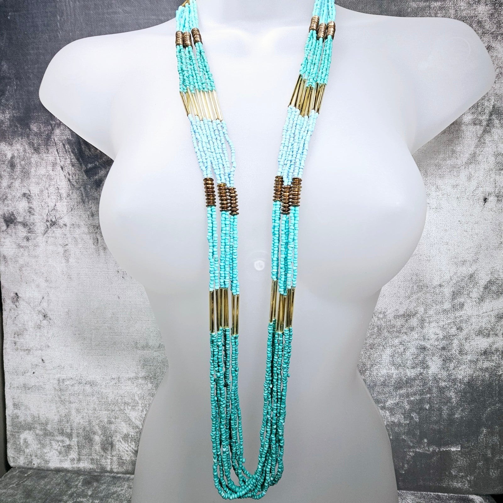 Harlow Necklace Vintage Tubular Seed Bead Turquoise Blue Boho Gypsy Lariat 38 25$